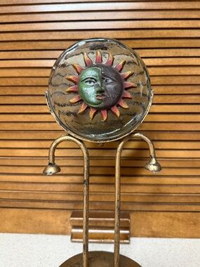 Vintage Celestial Sun and Moon Candle Holder Gold Metal Glass